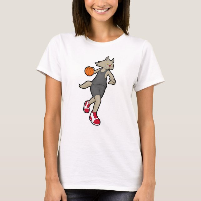 Katze als Basketballspieler mit Basketball T-Shirt (Vorderseite)