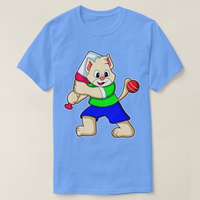 Katze als Batsman mit Cricket Fledermaus T-Shirt (Design vorne)