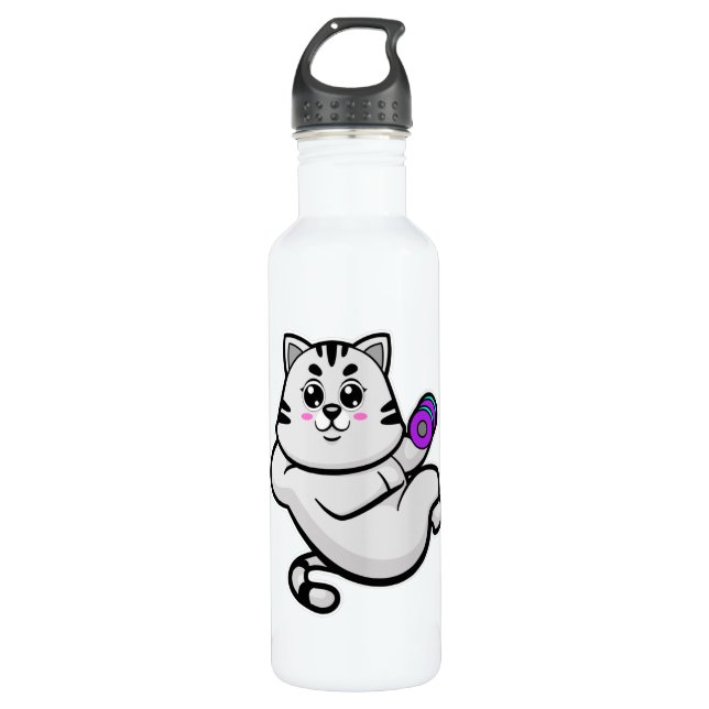 Katze als Bodybuilder mit Dumbell Edelstahlflasche (Vorderseite)