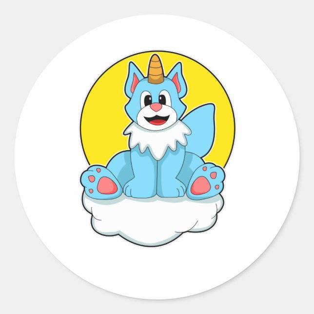 Katze als Einhorn auf Wolken und Sonne Runder Aufkleber (Vorderseite)