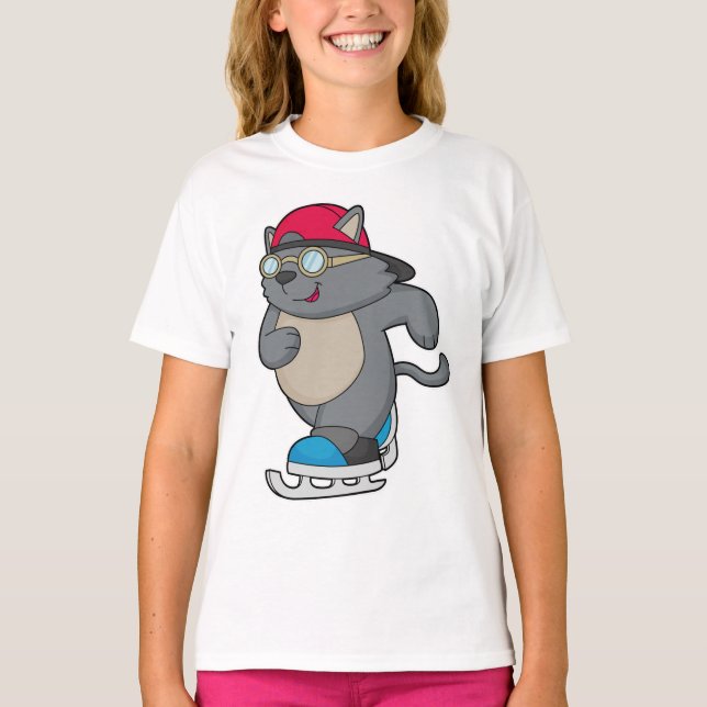 Katze als Eis-Skater mit Eis-Skaten T-Shirt (Vorderseite)