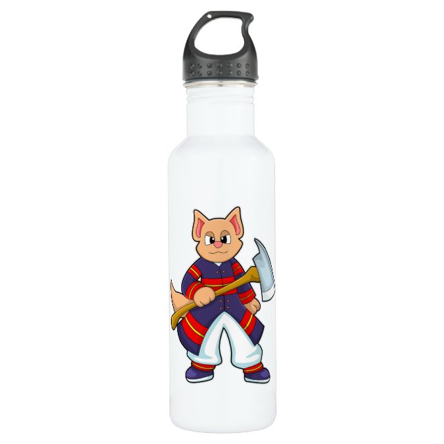 Katze als Feuerwehrmann in der Feuerabteilung mit  Edelstahlflasche (Vorderseite)