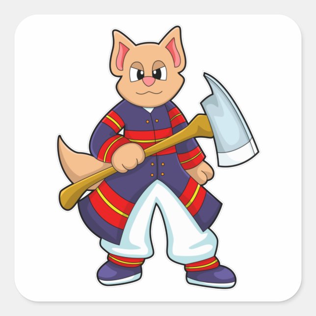 Katze als Feuerwehrmann in der Feuerabteilung mit  Quadratischer Aufkleber (Vorderseite)