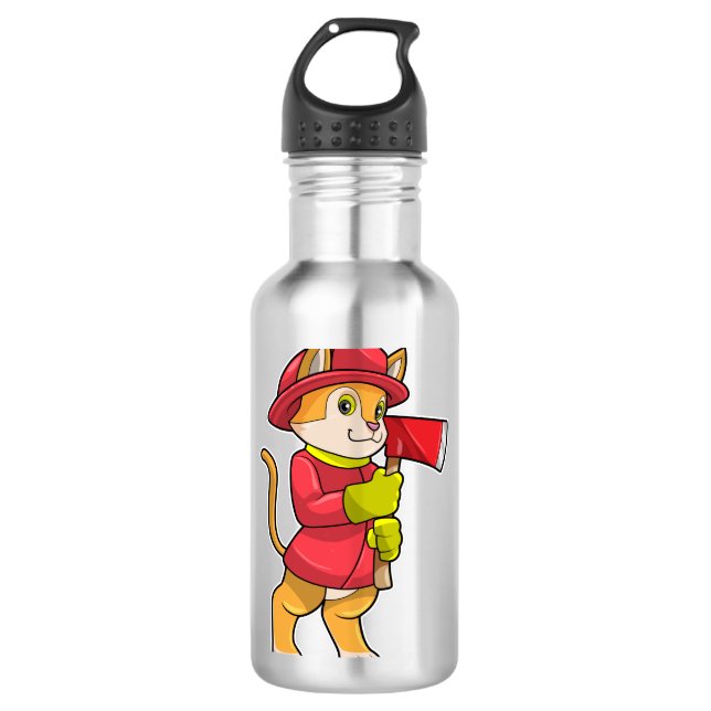 Katze als Feuerwehrmann mit Ax Edelstahlflasche (Vorderseite)