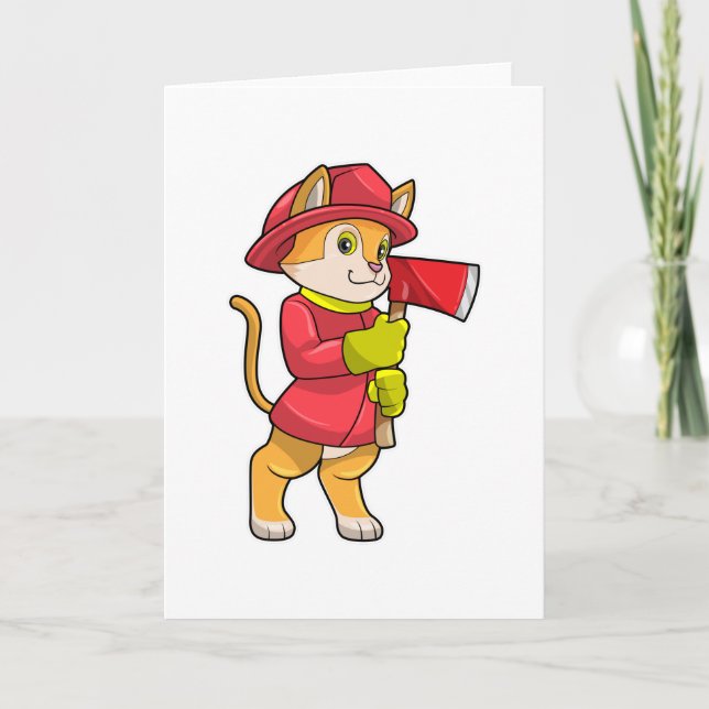 Katze als Feuerwehrmann mit Ax Karte (Vorderseite)