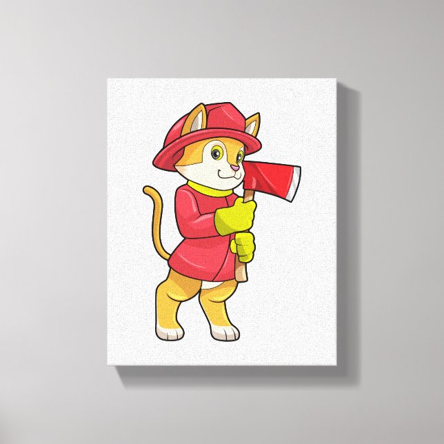 Katze als Feuerwehrmann mit Ax Leinwanddruck (Vorderseite)