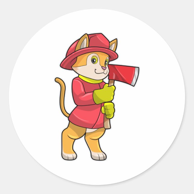 Katze als Feuerwehrmann mit Ax Runder Aufkleber (Vorderseite)