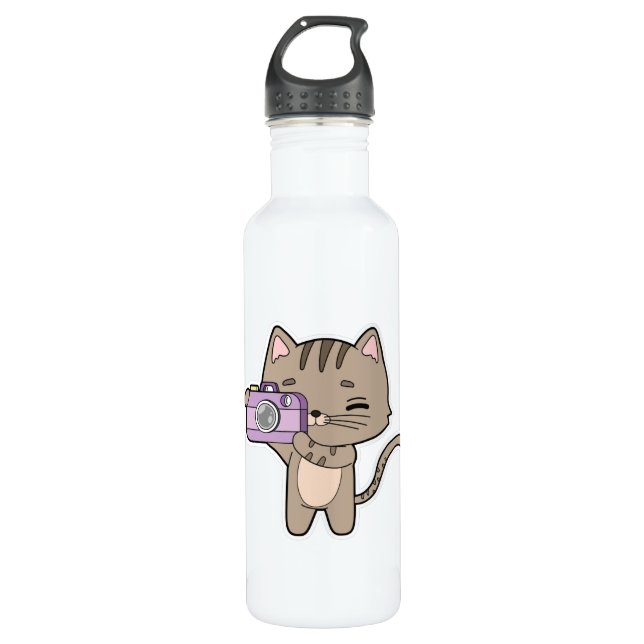 Katze als Fotograf mit Kamera Edelstahlflasche (Vorderseite)