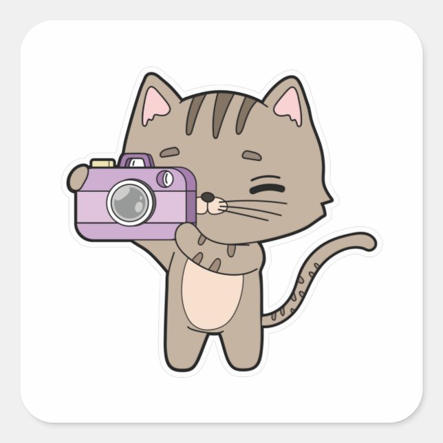 Katze als Fotograf mit Kamera Quadratischer Aufkleber (Vorderseite)