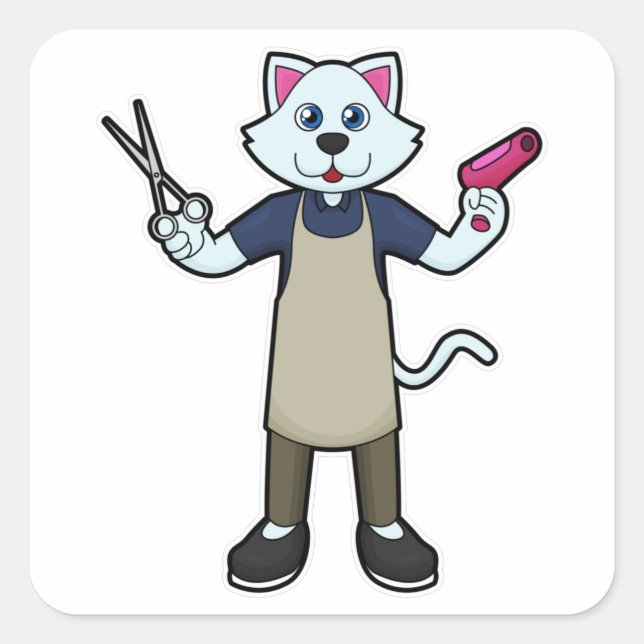Katze als Friseur mit Schere & Haartrockner Quadratischer Aufkleber (Vorderseite)