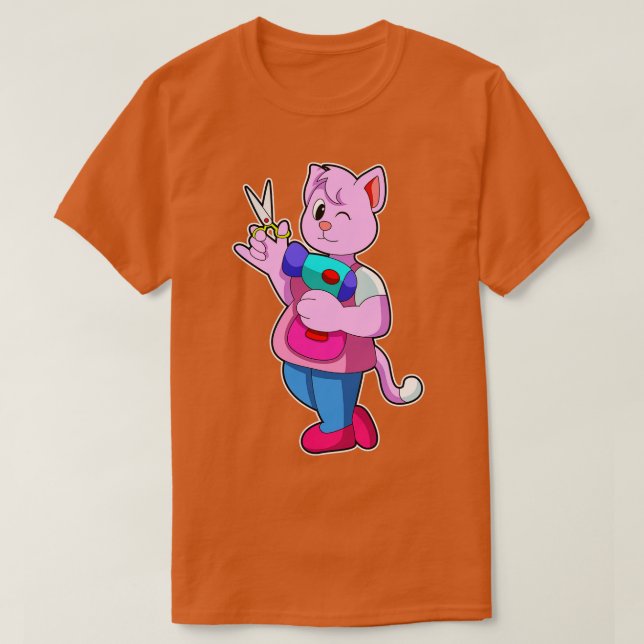Katze als Friseur mit Schere Haartrockner T-Shirt (Design vorne)