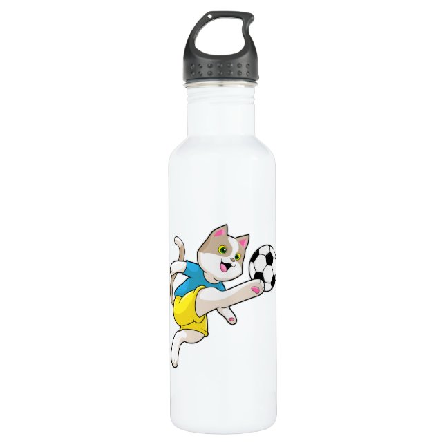 Katze als Fußballspieler mit Fußball Edelstahlflasche (Vorderseite)