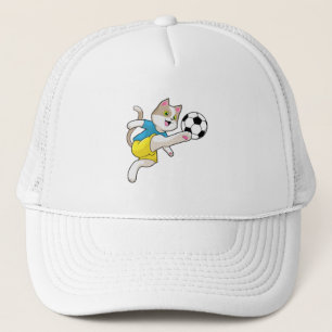 Katze als Fußballspieler mit Fußball Truckerkappe