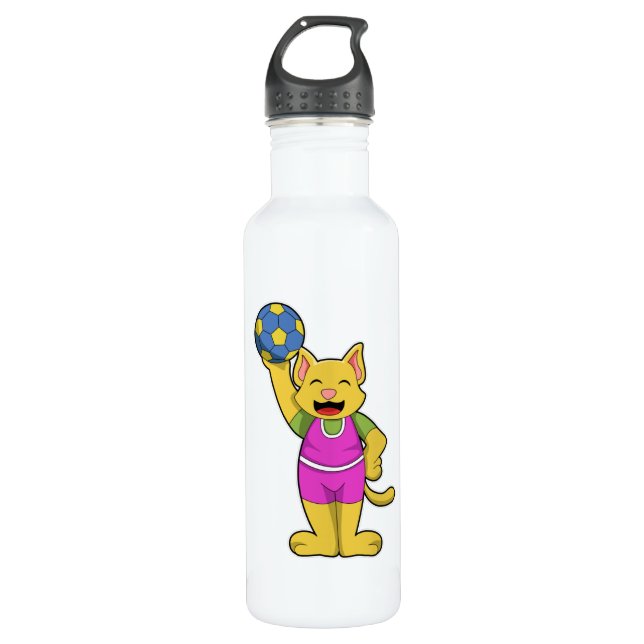 Katze als Handballspieler mit Handball Edelstahlflasche (Vorderseite)