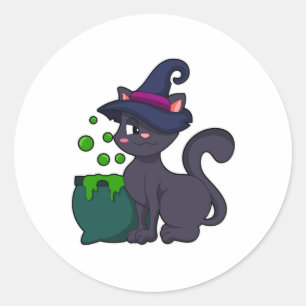 Katze als Hexe mit Cauldron Runder Aufkleber