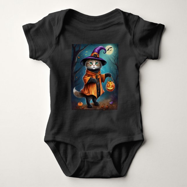 Katze als Hexe Niedliches Halloween Baby Strampler (Vorderseite)