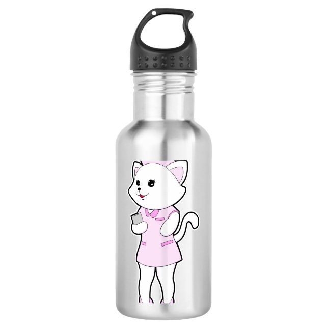 Katze als Krankenschwester mit Notepad Edelstahlflasche (Vorderseite)