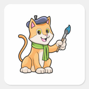 Katze als Maler mit Pinsel und Karpfen Quadratischer Aufkleber