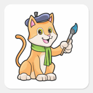 Katze als Maler mit Pinsel und Karpfen Quadratischer Aufkleber