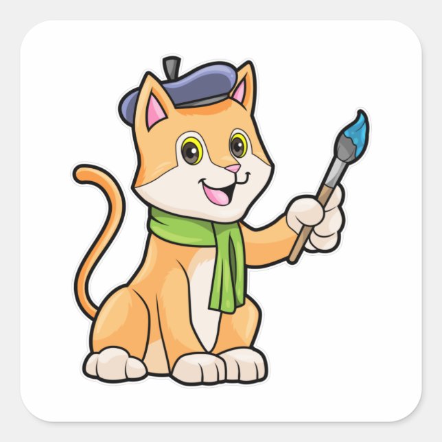 Katze als Maler mit Pinsel und Karpfen Quadratischer Aufkleber (Vorderseite)