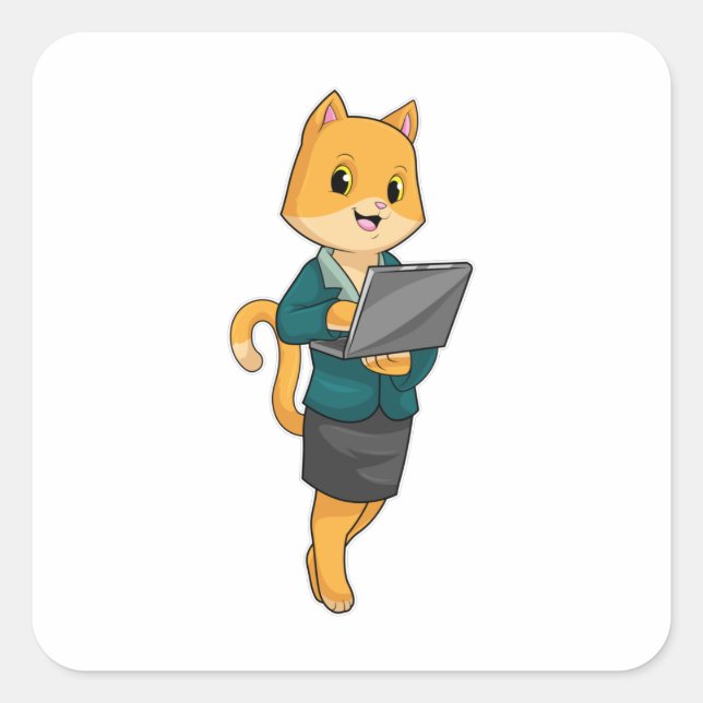 Katze als Sekretär für Laptop Quadratischer Aufkleber (Vorderseite)
