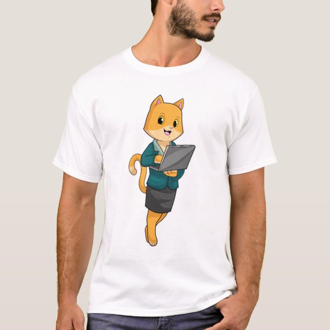 Katze als Sekretär für Laptop T-Shirt (Vorderseite)