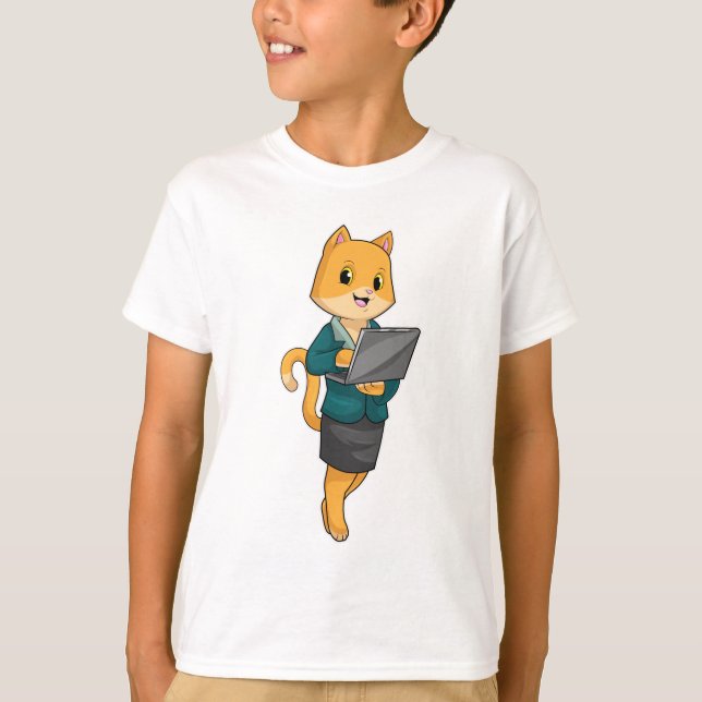 Katze als Sekretär für Laptop T-Shirt (Vorderseite)