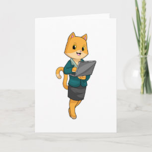Katze als Sekretärin mit Laptop Karte