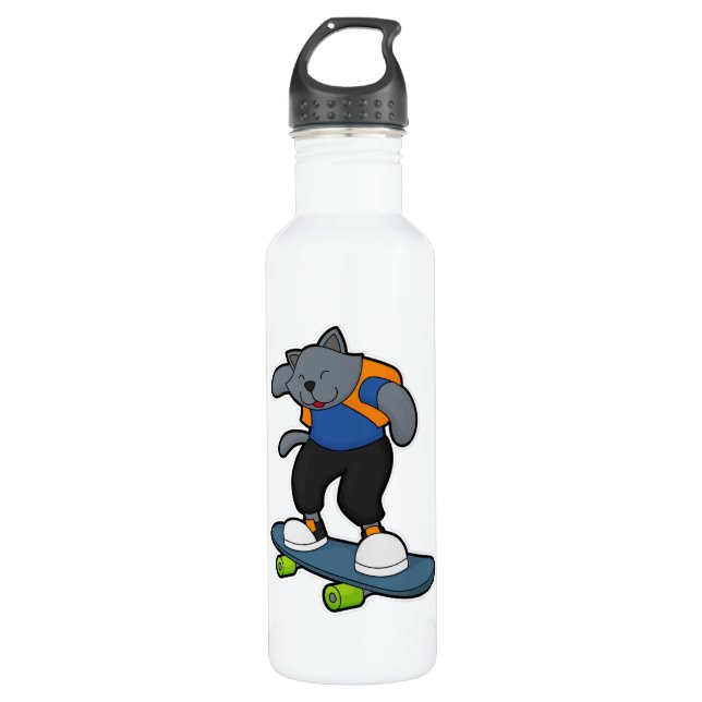 Katze als Skateboarder mit Skateboard Edelstahlflasche (Vorderseite)