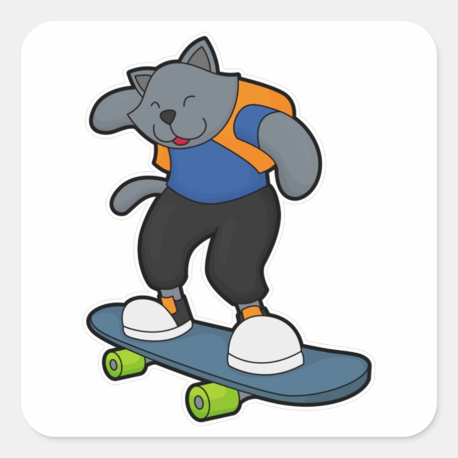 Katze als Skateboarder mit Skateboard Quadratischer Aufkleber (Vorderseite)