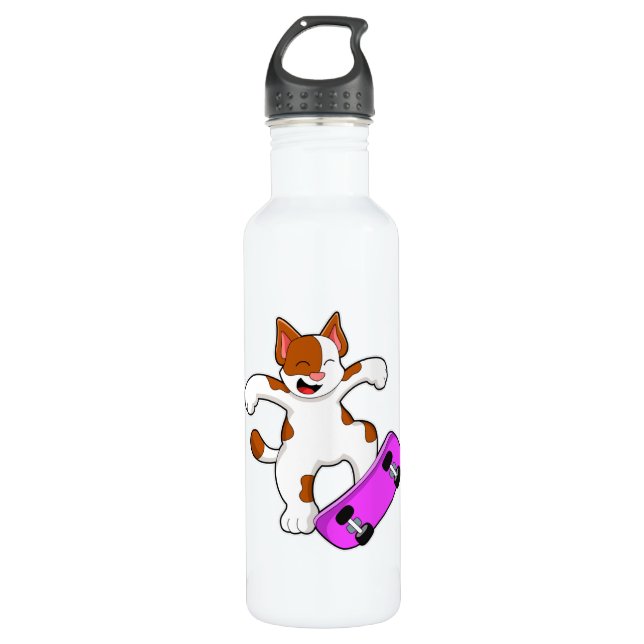 Katze als Skater mit Skateboard Edelstahlflasche (Vorderseite)