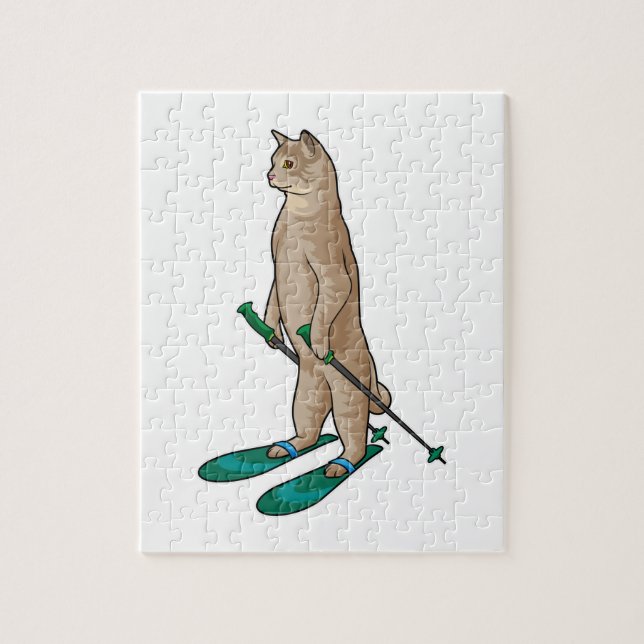 Katze als Skifahrer mit Ski- und Skistöcken (Vertikal)