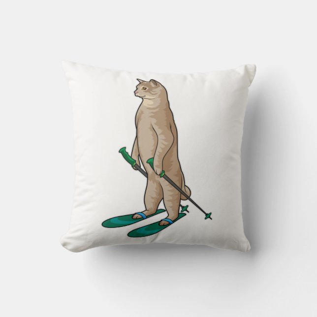 Katze als Skifahrer mit Ski- und Skistöcken Kissen (Vorderseite)