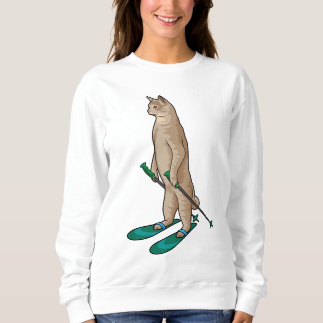 Katze als Skifahrer mit Ski- und Skistöcken Sweatshirt (Vorderseite)