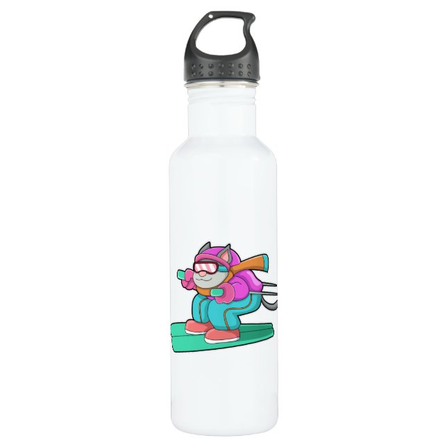 Katze als Skijumper mit Ski & Skibrille Edelstahlflasche (Vorderseite)