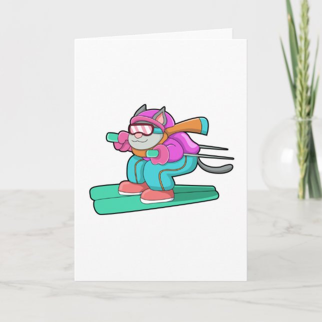Katze als Skijumper mit Ski & Skibrille Karte (Vorderseite)
