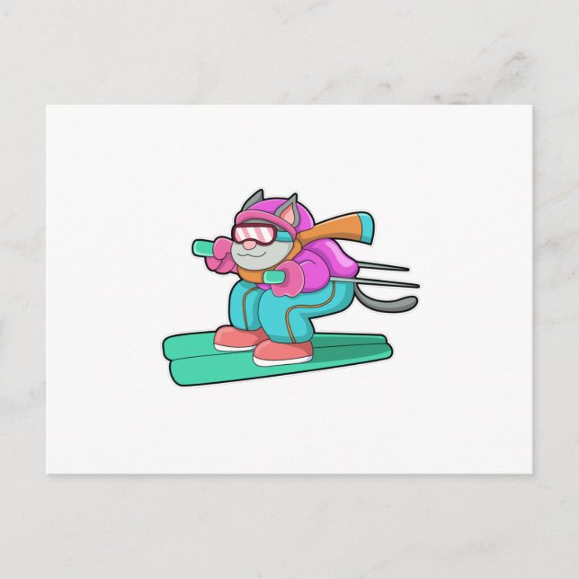 Katze als Skijumper mit Ski & Skibrille Postkarte (Vorderseite)