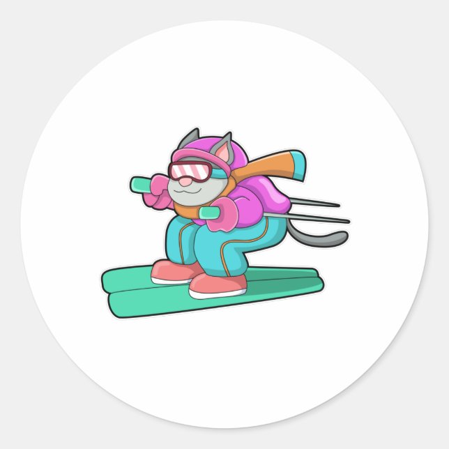 Katze als Skijumper mit Ski & Skibrille Runder Aufkleber (Vorderseite)