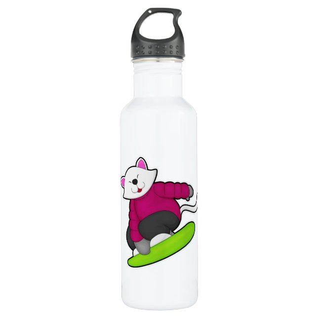 Katze als Snowboarder mit Snowboard Edelstahlflasche (Vorderseite)