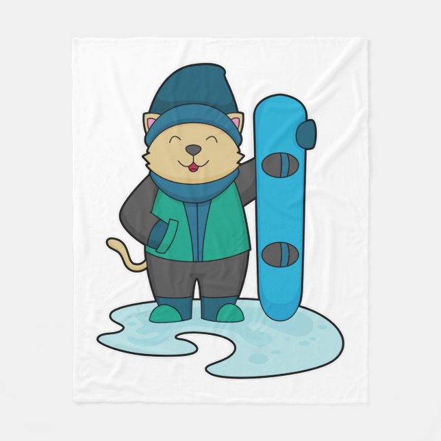 Katze als Snowboarder mit Snowboard Fleecedecke (Vorderseite)