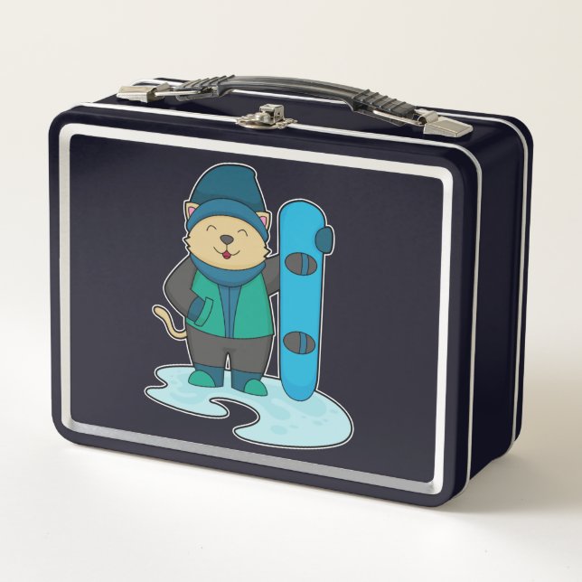 Katze als Snowboarder mit Snowboard Metall Brotdose (Vorderseite)