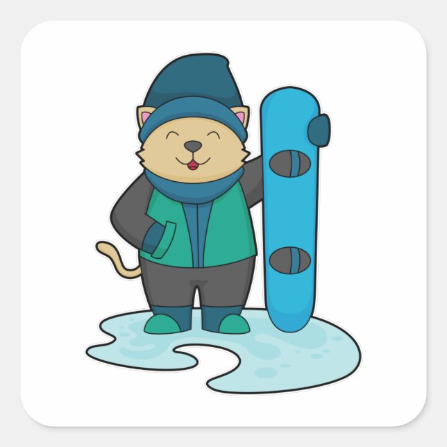 Katze als Snowboarder mit Snowboard Quadratischer Aufkleber (Vorderseite)
