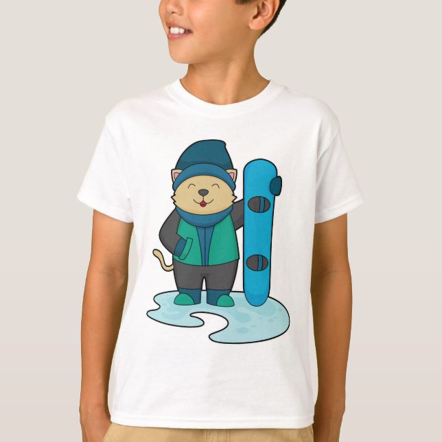 Katze als Snowboarder mit Snowboard T-Shirt (Vorderseite)