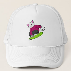 Katze als Snowboarder mit Snowboard Truckerkappe