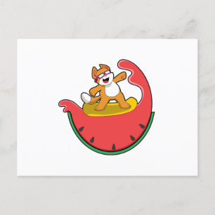 Katze als Surfer mit Wassermelone Postkarte