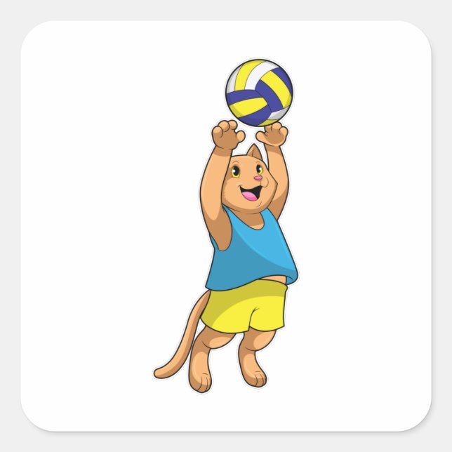 Katze als Volleyballspieler mit Volleyball Quadratischer Aufkleber (Vorderseite)