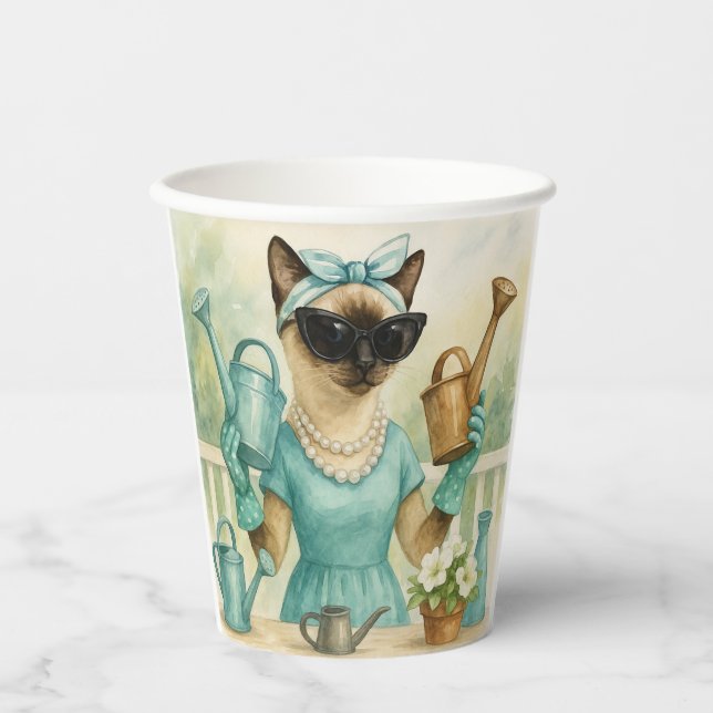 Katze arbeitet im Garten Pappbecher (Vorderseite)