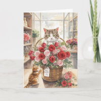 Katze arrangiert Blumen Rosen Korb Valentinstag