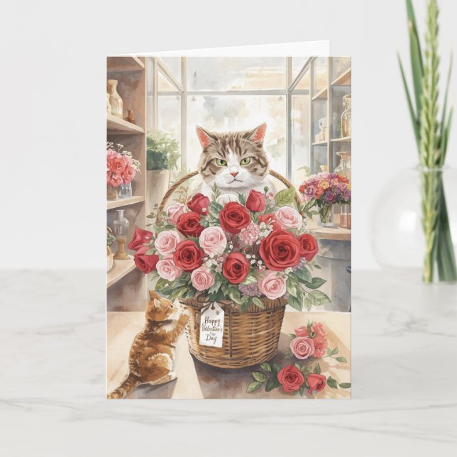 Katze arrangiert Blumen Rosen Korb Valentinstag Karte (Vorderseite)