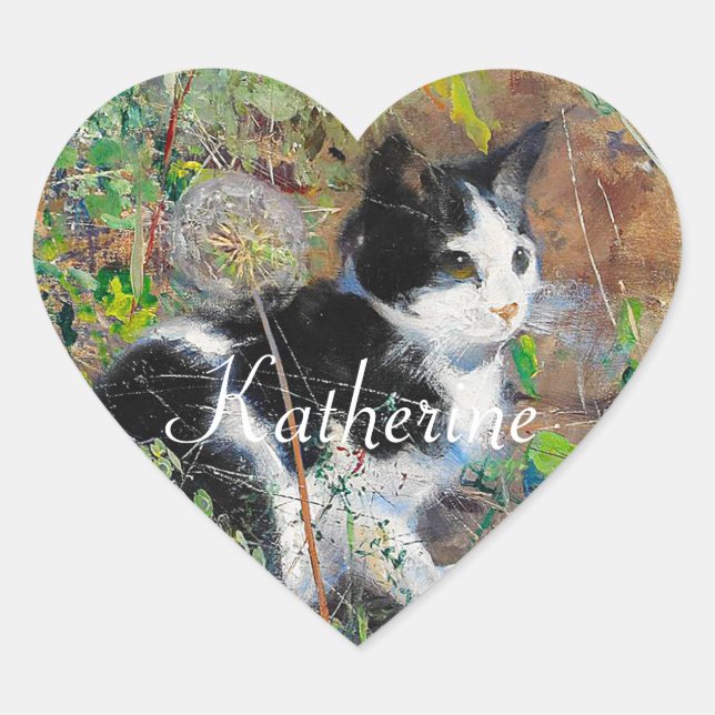 Katze auf Blumenbeet Herz-Aufkleber (Vorderseite)